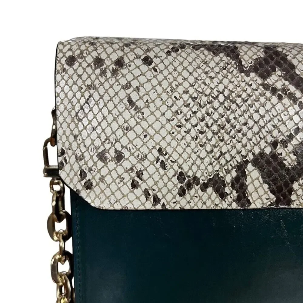 Trina Turk Womens Leather Handbag Teal Snakeskin Purse Flap Pocket Silver Gold